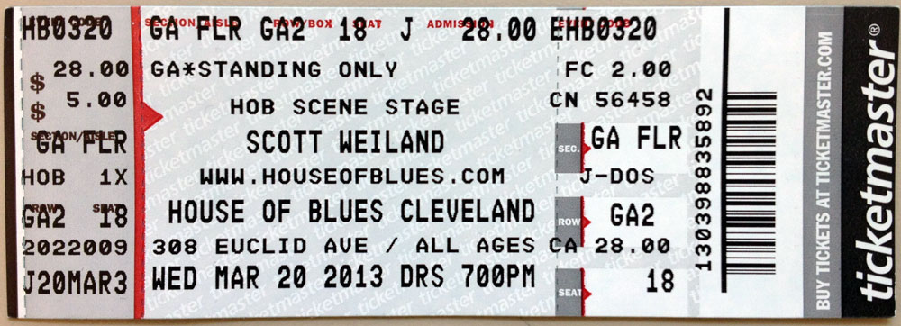 Scott Weiland House Of Blues Cleveland Ticket